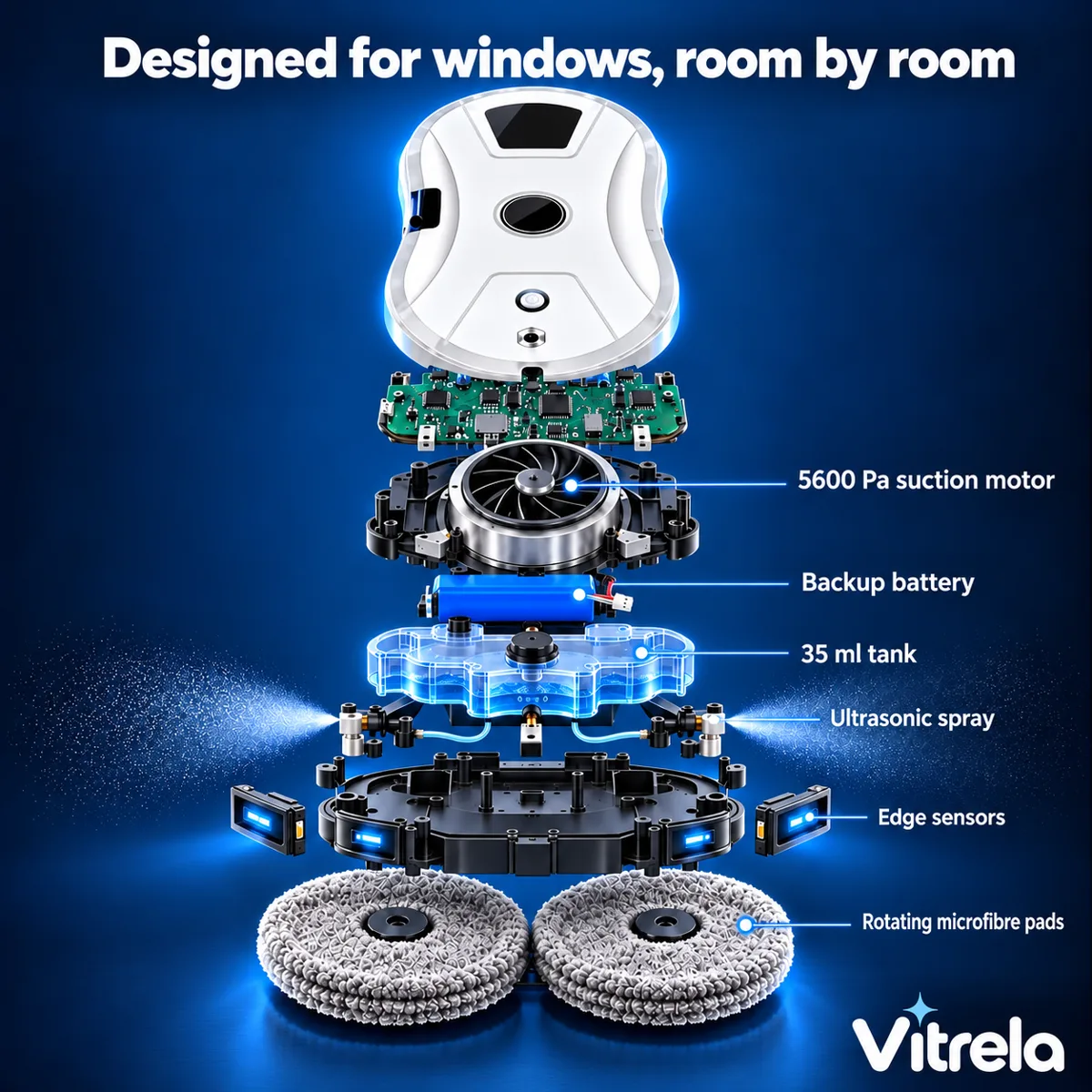 Inside the Vitrela robot: 5600 Pa suction motor, backup battery, 35 ml tank, ultrasonic spray, edge sensors