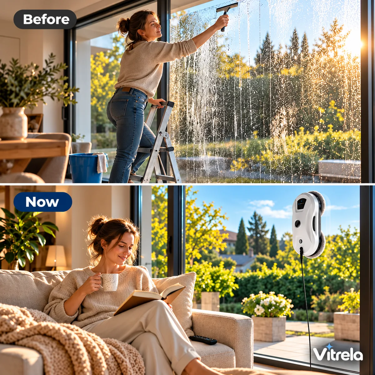 Before: cleaning windows on a ladder. Now: relaxing while Vitrela works